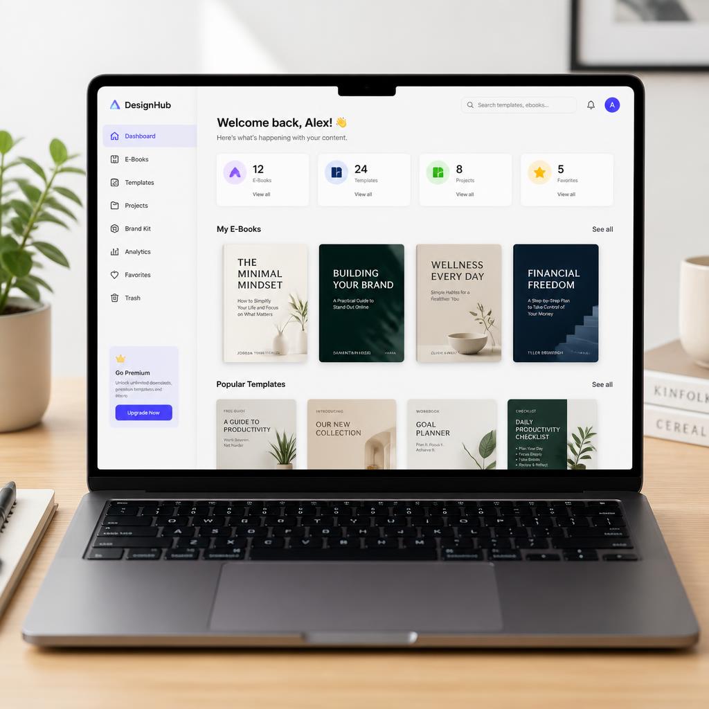 A laptop screen showing a digital dashboard with e-book mockups and design templates, clean modern interface, bright studio lighting