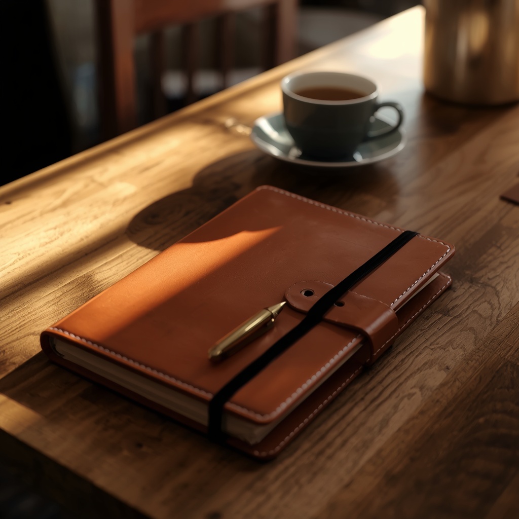 A desk with a leather notebook, pen, and a cup of tea, soft natural lighting, cozy professional atmosphere, Cinematic shot